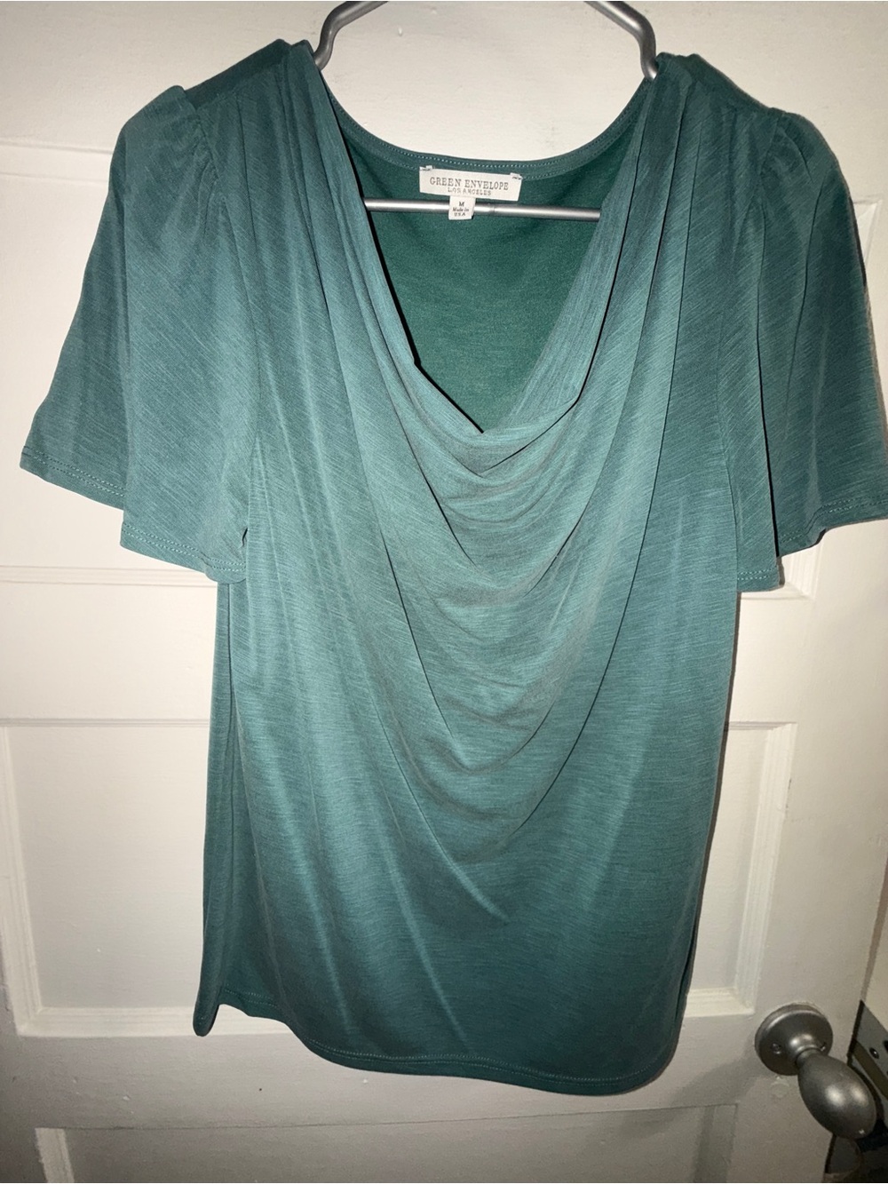 Green Envelope Teal Draped Cowl Neck Short Sleeve Top
